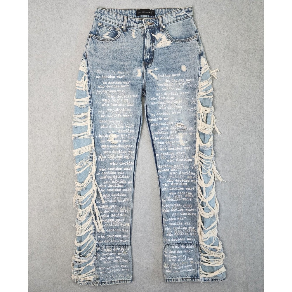 Who Decides War MRDR BRVDO Jeans Mens 32 Blue Distressed Text Crystal Streetwear